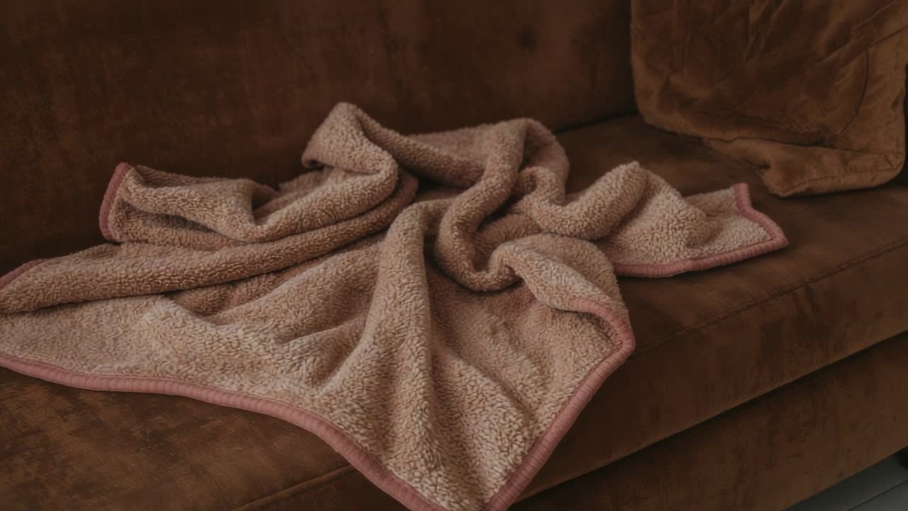 Telecamera che riprende una coperta in sherpa leggermente spostata su un divano in camoscio marrone a casa, con bordo rosa.
