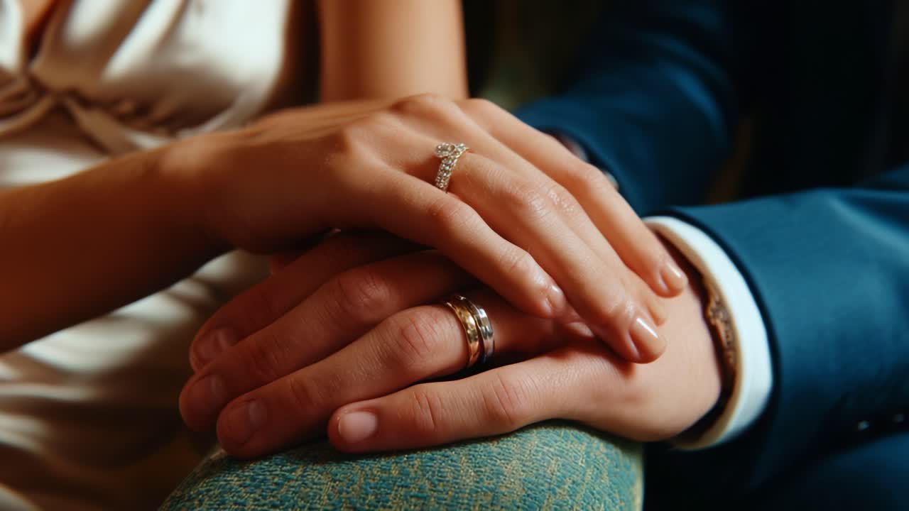 An Intimate Moment: Close-Up of a Couple's Hands Intertwined, Showcasing Their Wedding Rings Symbolizing Love and Commitment, Captured in Soft Lighting and Elegant Textures