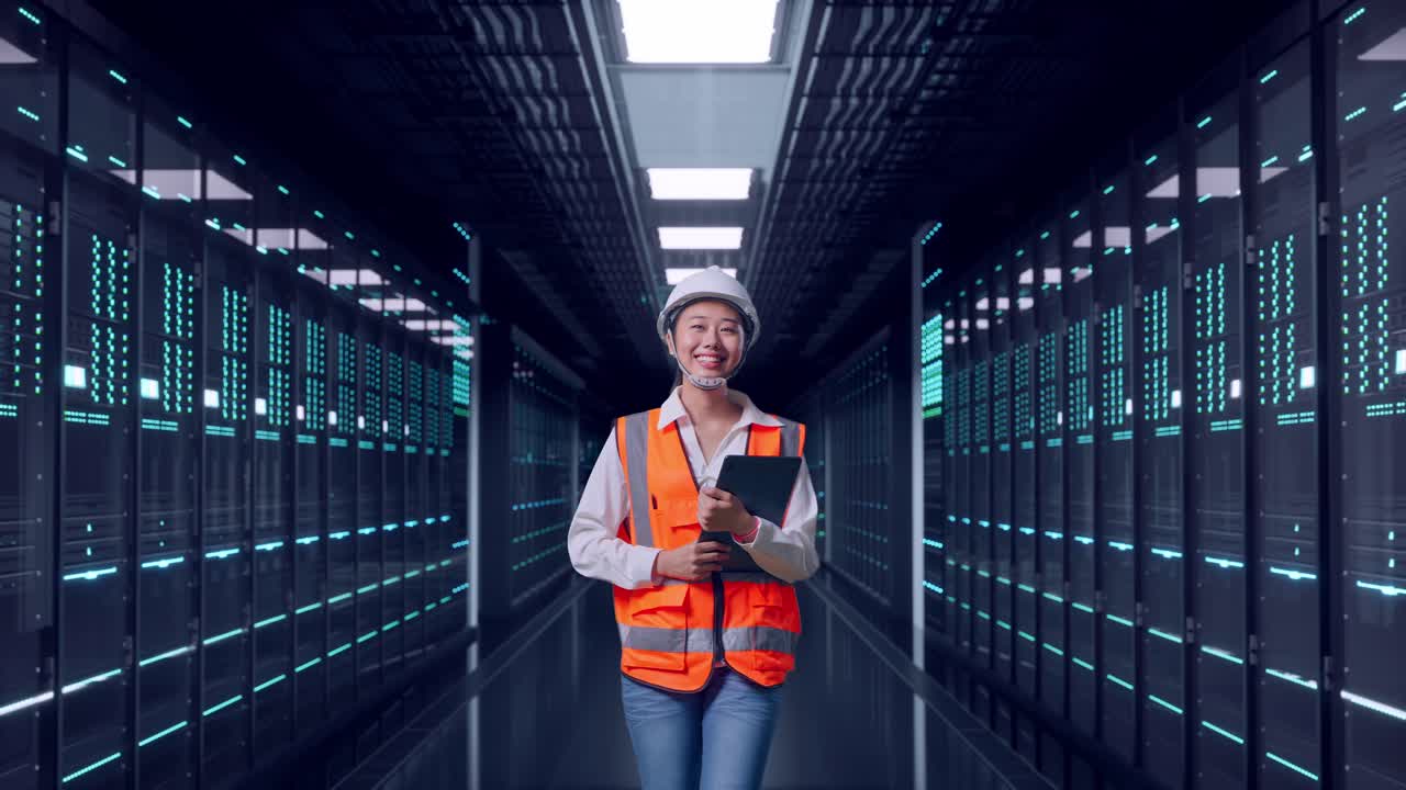 Front View of Asian Female Engineer Holding Tablet While Walking in Server Room Data Center