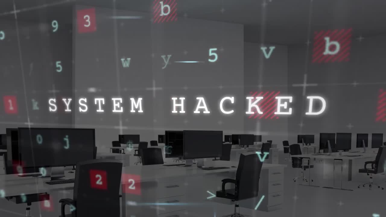 Animation of changing letters, numbers and malware over empty office