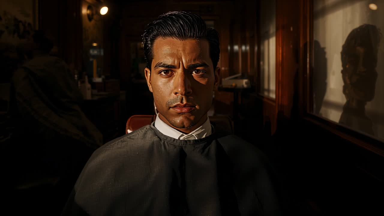 Uomo adulto seduto in attesa di un taglio di capelli, mentre la telecamera si avvicina lentamente alla poltrona del barbiere con il telo.