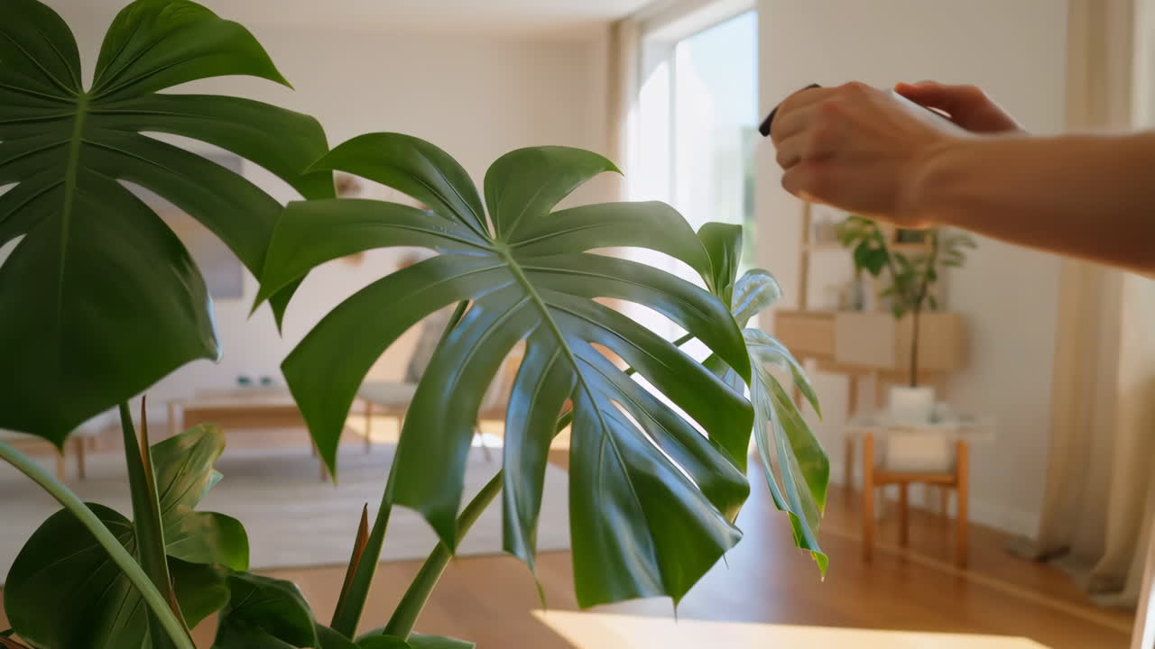 Una mano che innaffia una pianta di Monstera in casa