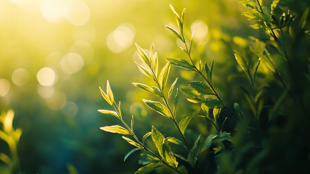 Close-up video of sunlit green leaves with a soft bokeh background, captured from a low angle