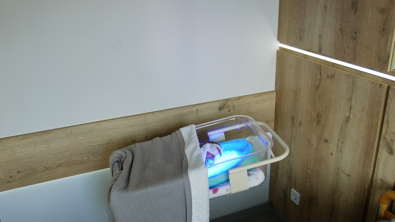 Transparent baby crib with a child in it lying on UV lamp. Infant is treated from hyperbilirubinemia in maternity hospital.