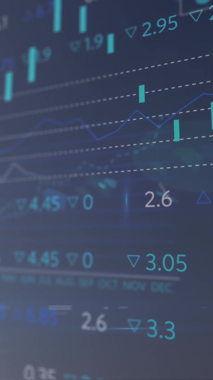 Animazione di elaborazione di dati finanziari su pile di monete