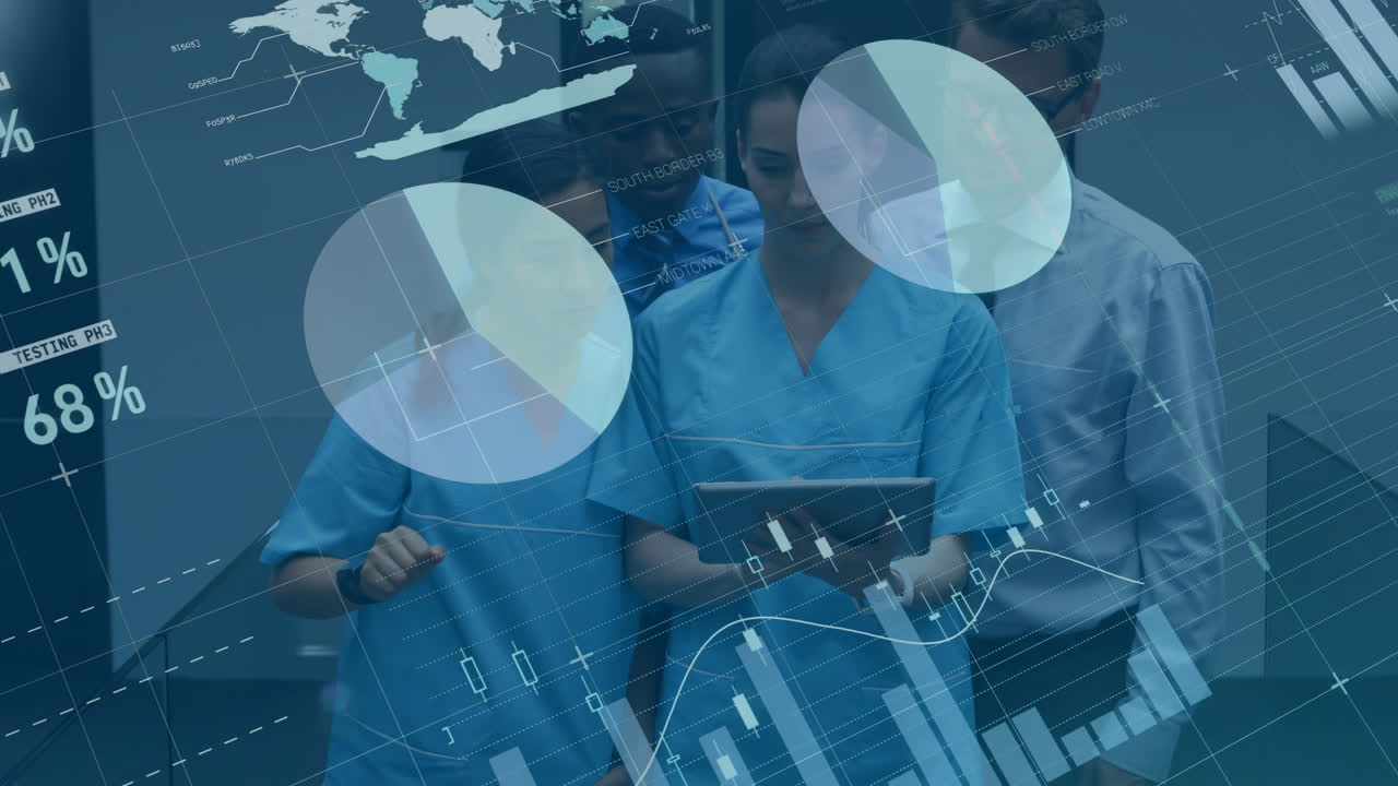 Animation of data processing and diagrams over diverse doctors using tablet