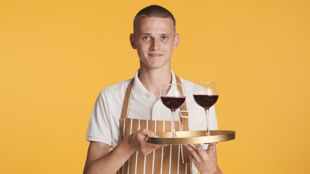 금발 웨이터가 두 은 와인 컵을 제공합니다.