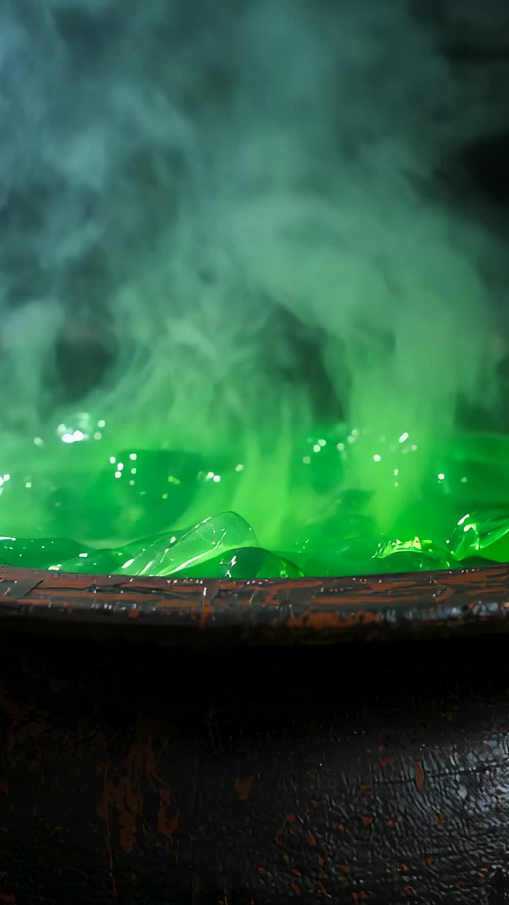Vertical video: Cast iron cauldron bubbling green liquid in dark chamber, releasing swirling smoke