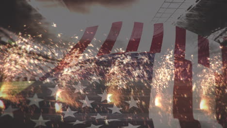 animation of flag of america waving over sports stadium and fireworks