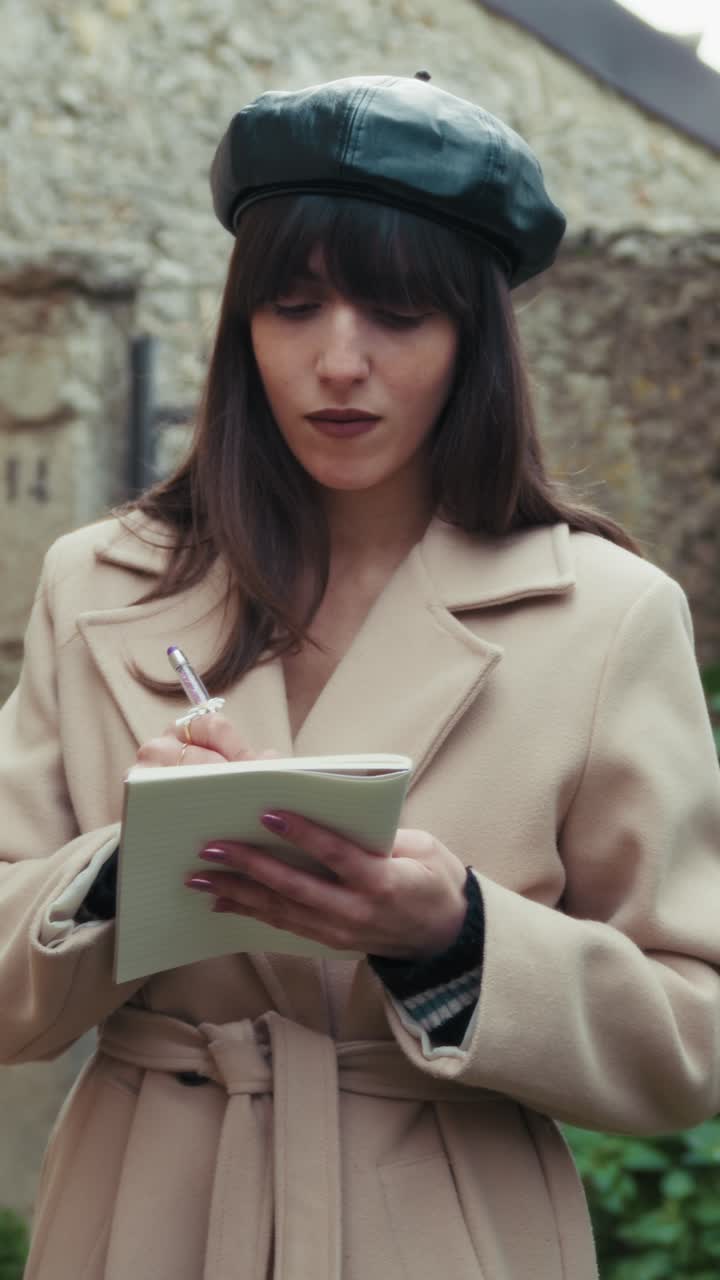 Donna con cappello francese in cerca di ispirazione in un piccolo borgo italiano