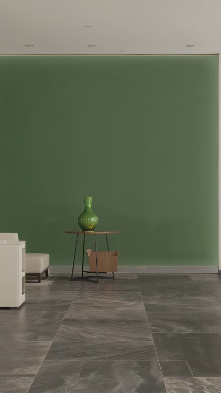 Video verticale: la camera si sposta in avanti nell'atrio durante la riproduzione e mostra un tavolo con un vaso verde e una scatola