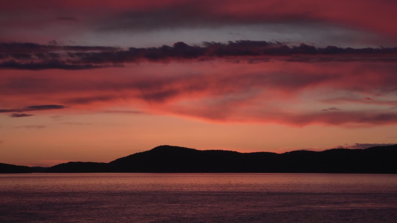 Sunset Over San Juan Islands With Silhouette Mountain In Washington, USA. - wide
