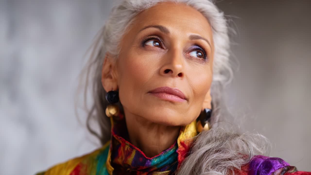 Una donna affascinante con i capelli argentei, vestita con colori vivaci, che guarda pensierosa verso l'alto in un ambiente sereno che enfatizza bellezza e saggezza