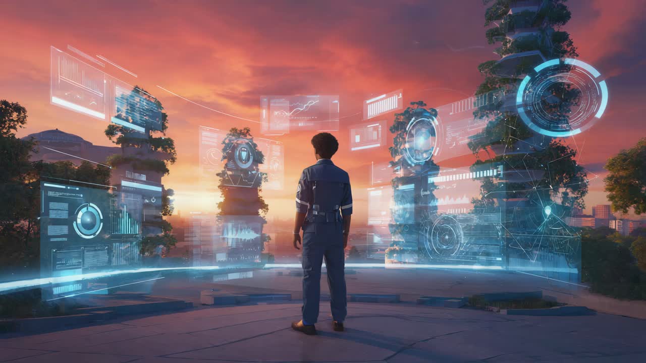 A futuristic cityscape with a man observing data interfaces