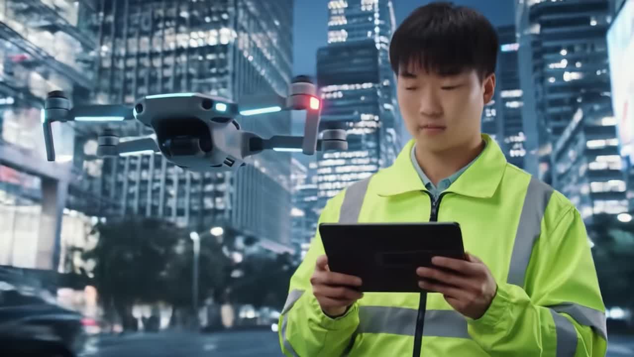 Technician in a bright safety jacket controls a drone over a bustling cityscape at night. The drone hovers above traffic, showcasing advanced technology in urban monitoring.