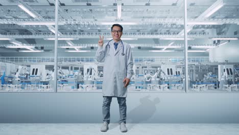 cuerpo lleno de médico masculino asiático con estetoscopio mostrando gesto paz y sonriendo en el laboratorio