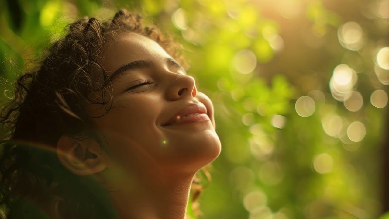 Young Woman Enjoying Sunlight Outdoors with Eyes Closed