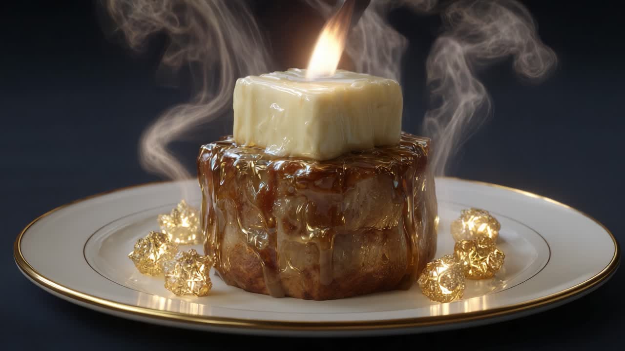A Culinary Masterpiece: An Exquisite Dessert Featuring a Glazed Cake with a Butter Pat on Top, Surrounded by Golden Candy and Emitting Gentle Steam