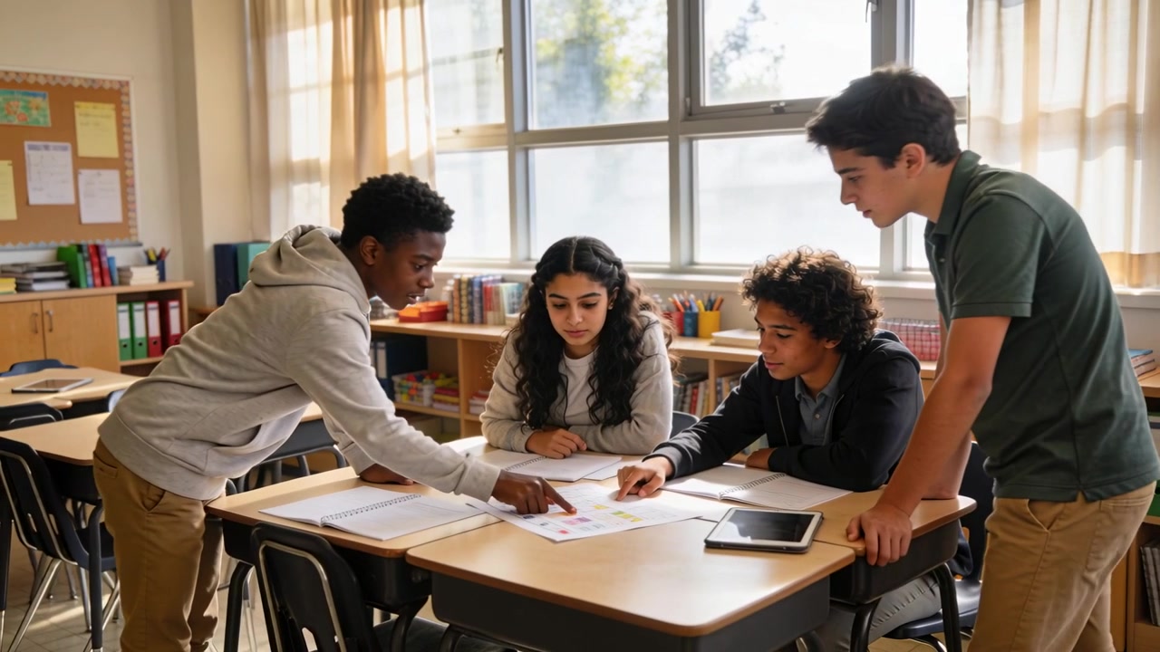 Discussing worksheet 4 teens leaning over desks pointing at charts in class for assignment, tablet