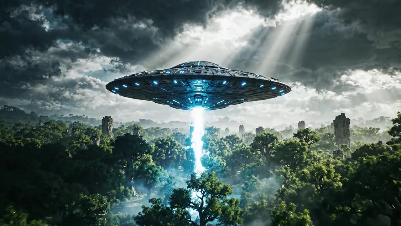 A Mysterious UFO Descends Through a Lush Forest Canopy, Illuminating the Surrounding Landscape with Brilliant Light and Engaging the Unknown in a Moment of Anticipation and Wonder