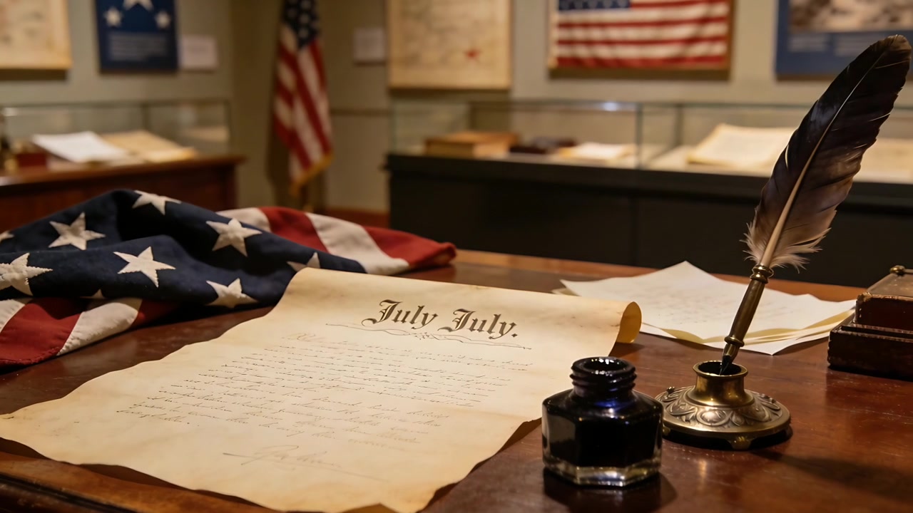 Zooming camera showing July parchment, folded star field, inkwell, quill to focus in museum