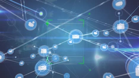 animation of network of digital icons and square scanner scanning against data processing