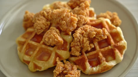 homemade fried chicken waffle with honey or maple syrup