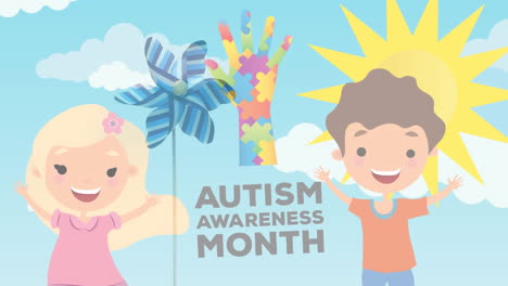 animation of autism awareness month text with happy boy and girl and puzzles forming hand