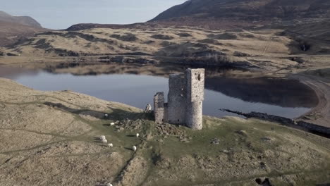 imágenes aéreas de la ruina del castillo de ardvreck a orillas del lago assynt en sutherland, tierras altas escocesas, escocia