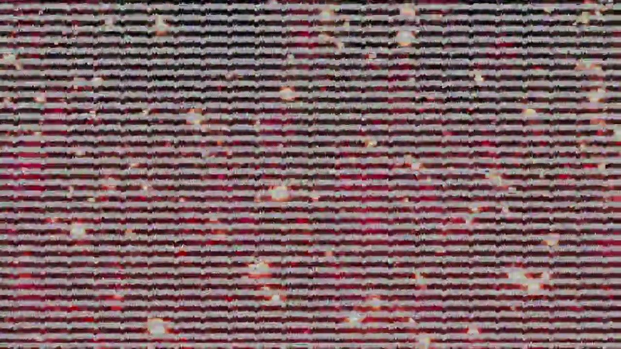 Corruzione orizzontale delle scanline dopo un glitch del file, che si trasforma in mosaici a blocchi e bagliori per il debug.