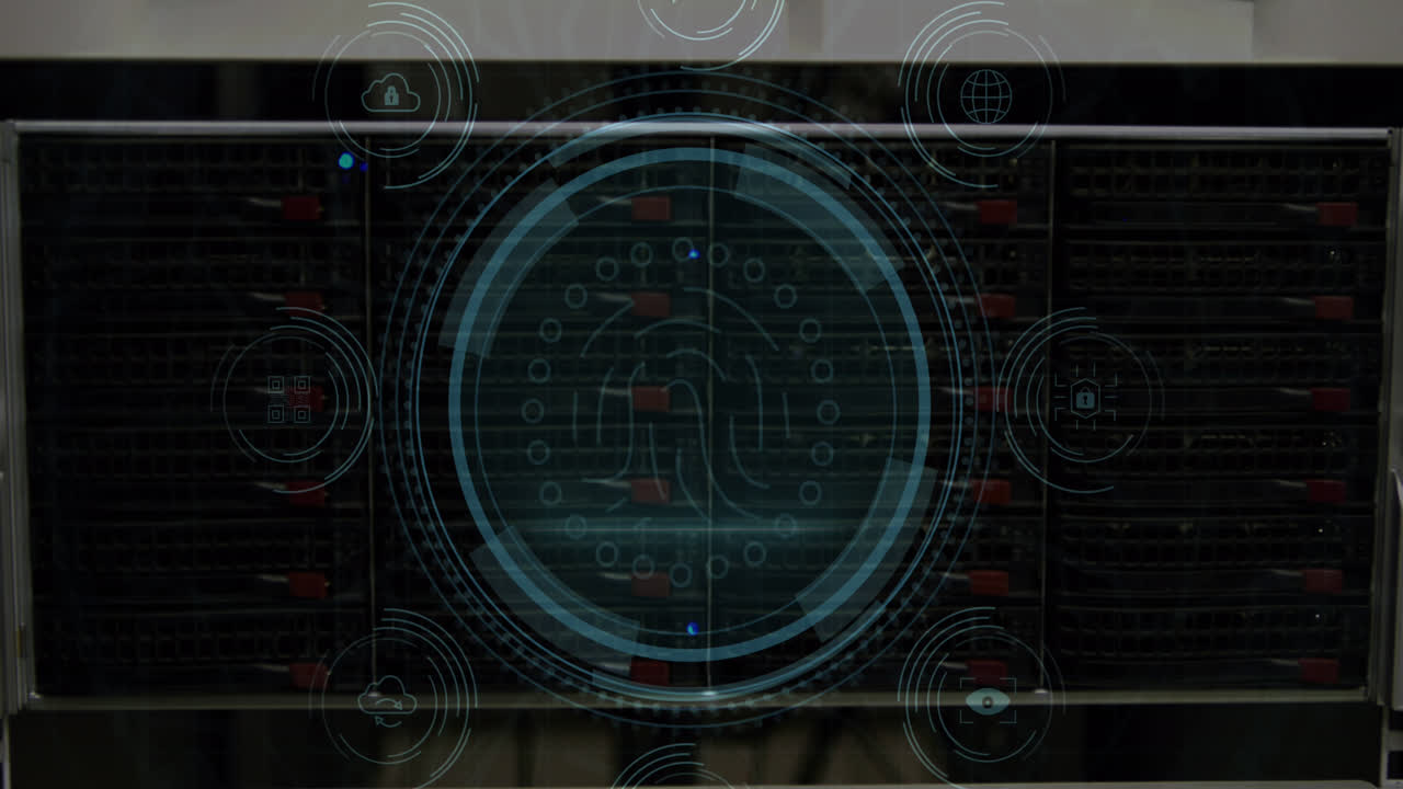 animación del texto de protección de datos sobre el escudo, huella dactilar en círculos contra el componente electrónico
