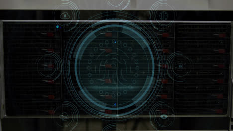 Animation of data protection text over shield, fingerprint in circles against electronic component