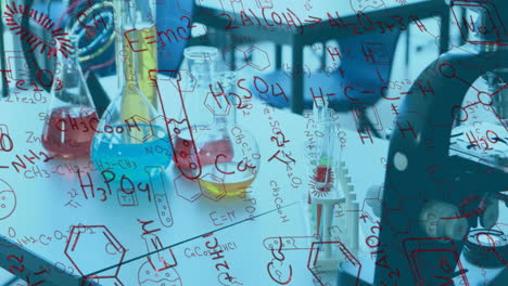 Digital-composite-video-of-chemical-structures-and-formulas-against-various-equipment-in-laboratory