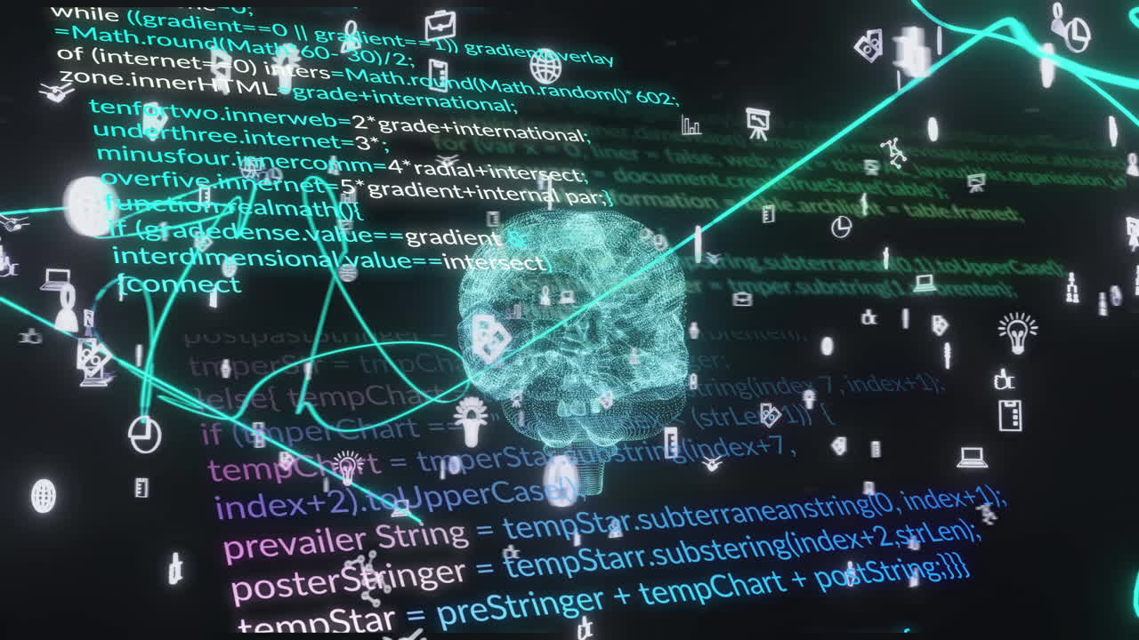 Animation of human brain and ai data processing over black background