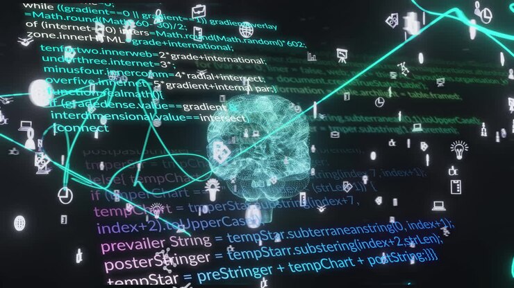 Animation of human brain and ai data processing over black background