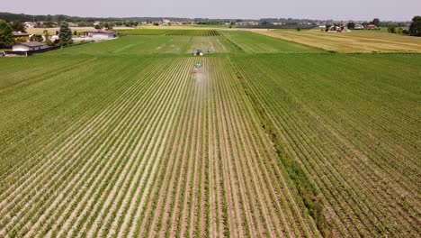 drone en un campo de maíz con tractores