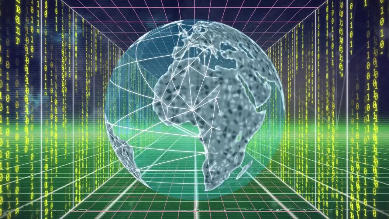 Animation of binary coding and data processing over globe