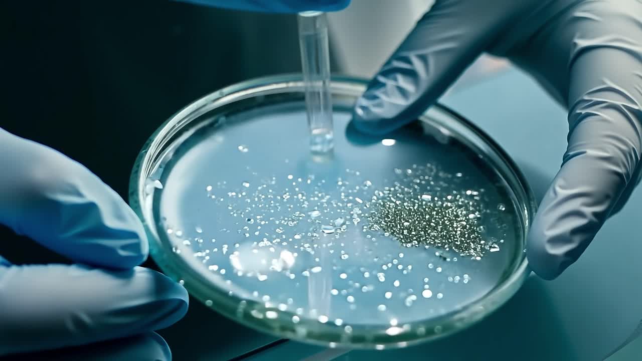 과학자의 손이 파란색 용액과 색 입자를 가진 페트리 접시에 액체를 떨어뜨리는 클로즈업