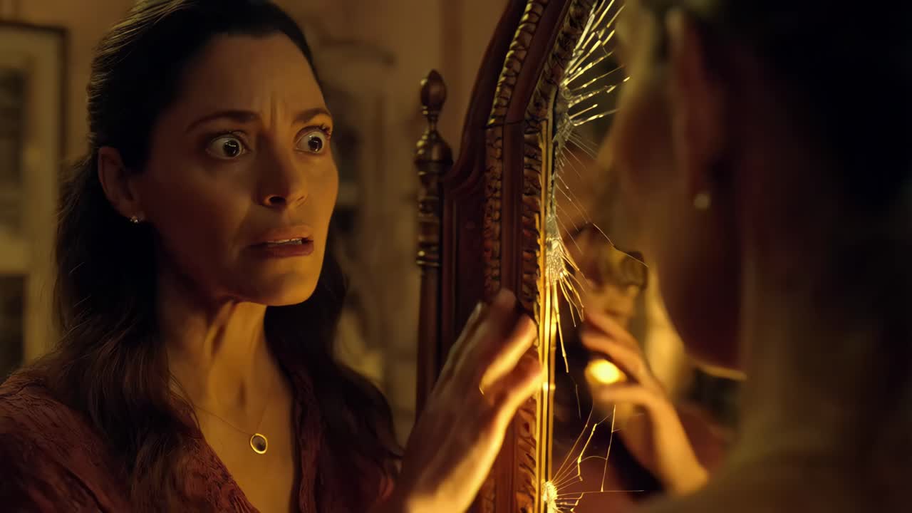 una mujer mirándose en un espejo roto con miedo.