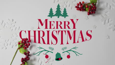 animación del texto de feliz navidad sobre las decoraciones navideñas
