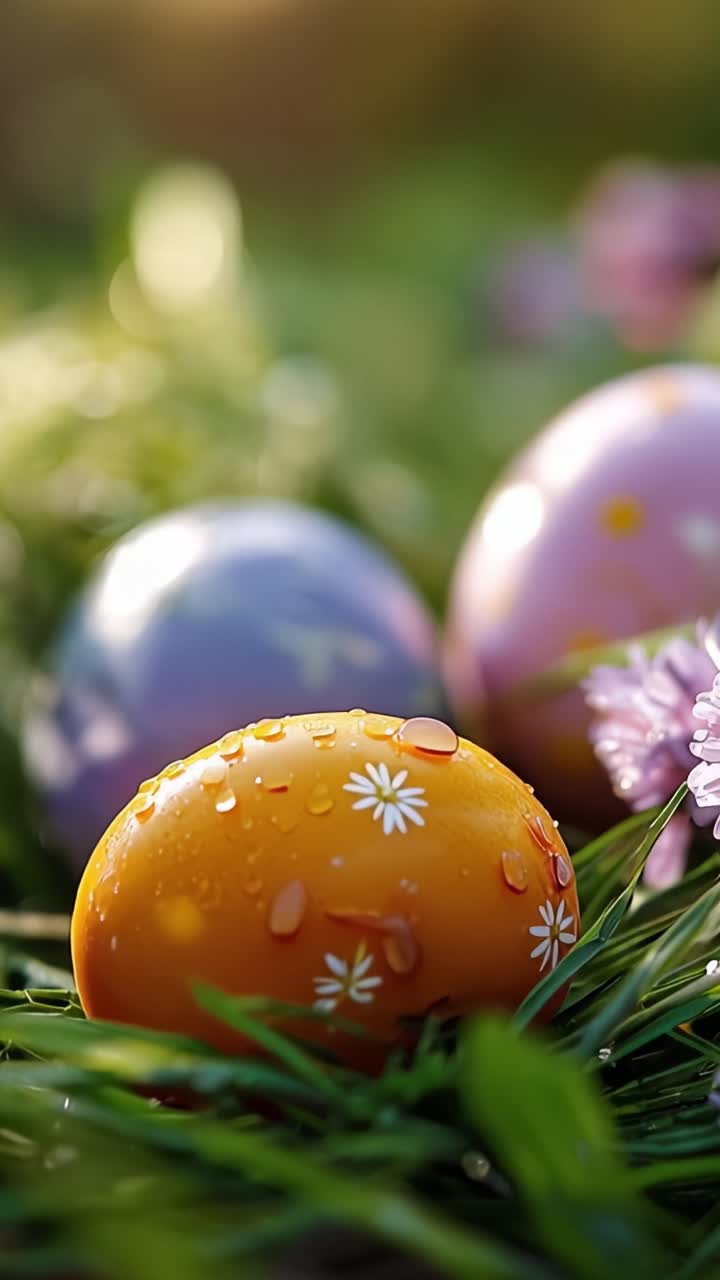 A Vibrant Close-Up of a Colorful Orange Easter Egg Adorned with White Flowers Amidst Fresh Grass and Delicate Purple Flowers in a Serene Natural Setting