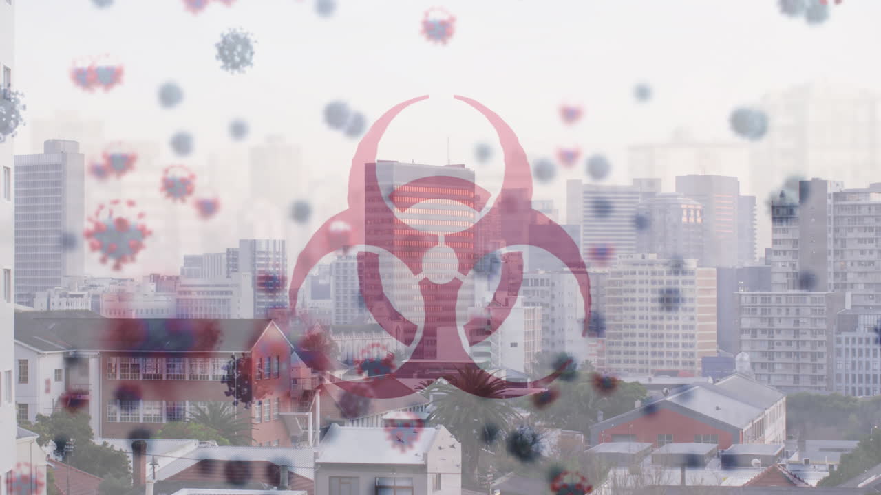 도시 풍경 위의 생물학적 위험과 바이러스 세포의 애니메이션