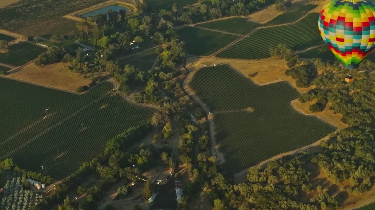 Aerial view of farmland and vineyards in California, USA during sunset