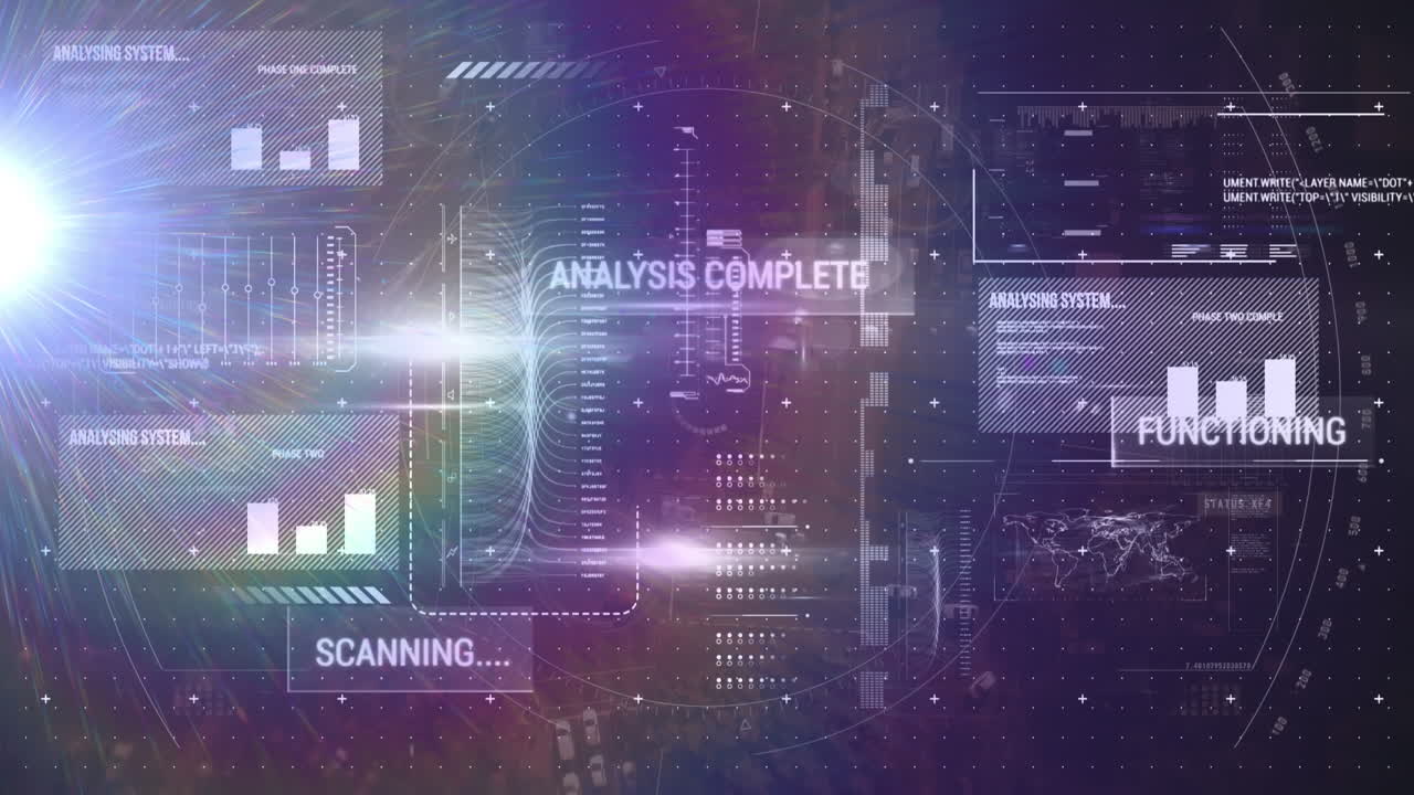 Animation of graphs and charts processing data, with lights on black background