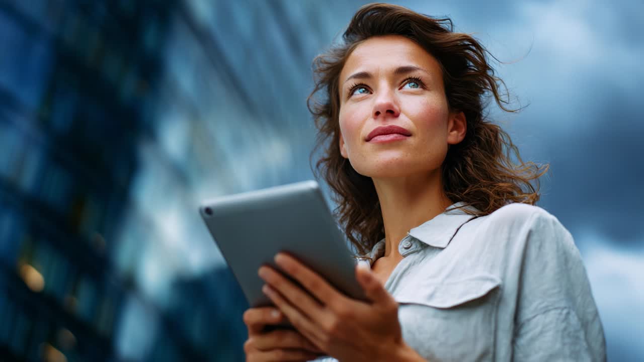 A thoughtful young woman holding a tablet gazes upward while standing in an urban environment, with a dynamic cloud-streaked sky and modern architecture in the background, showcasing curiosity and contemplation