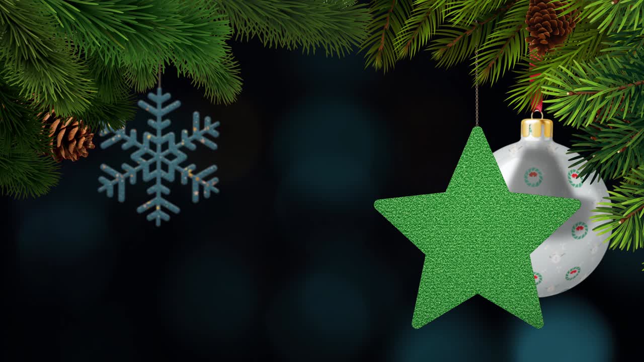los adornos de navidad y los pinos se balancean en un fondo bokeh en bucle