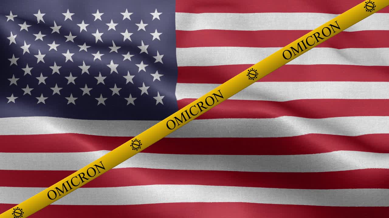 Omicron variant and ban strip on United States flag - Flag Of United States