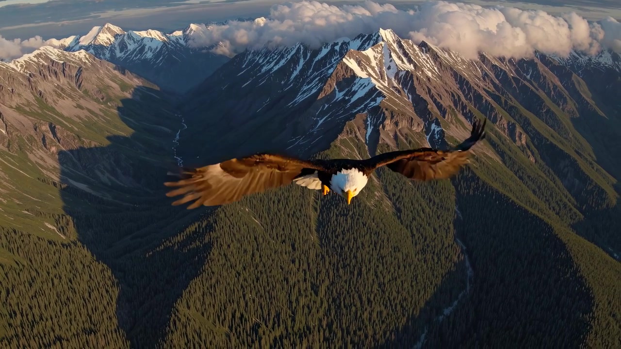 Aquila calva che vola sopra una maestosa catena montuosa al tramonto