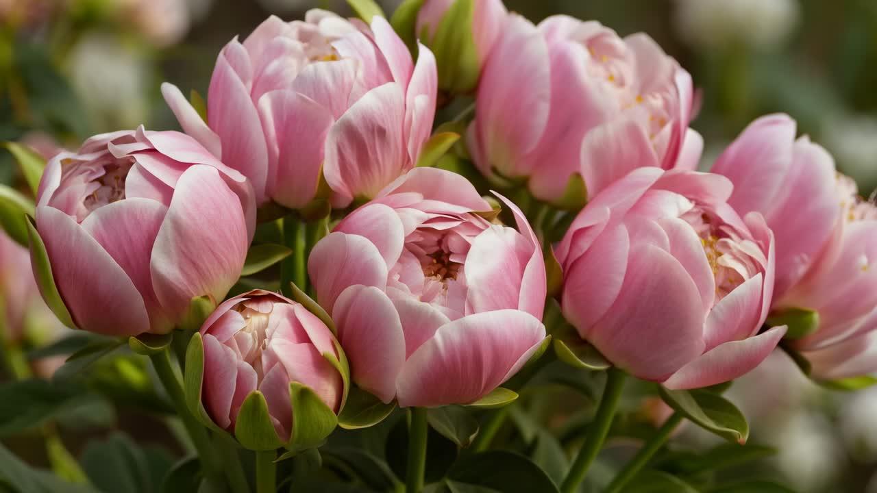 Time-lapse di un gruppo di peonie doppie rosa che si aprono, rivelando petali e stami in giardino per l'impollinazione