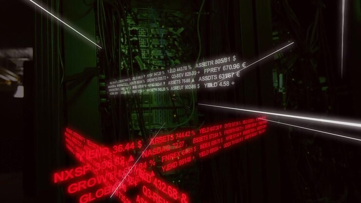 Camera pushing, rotating; white red tickers sliding, text scrolling, beams meeting to reveal rack